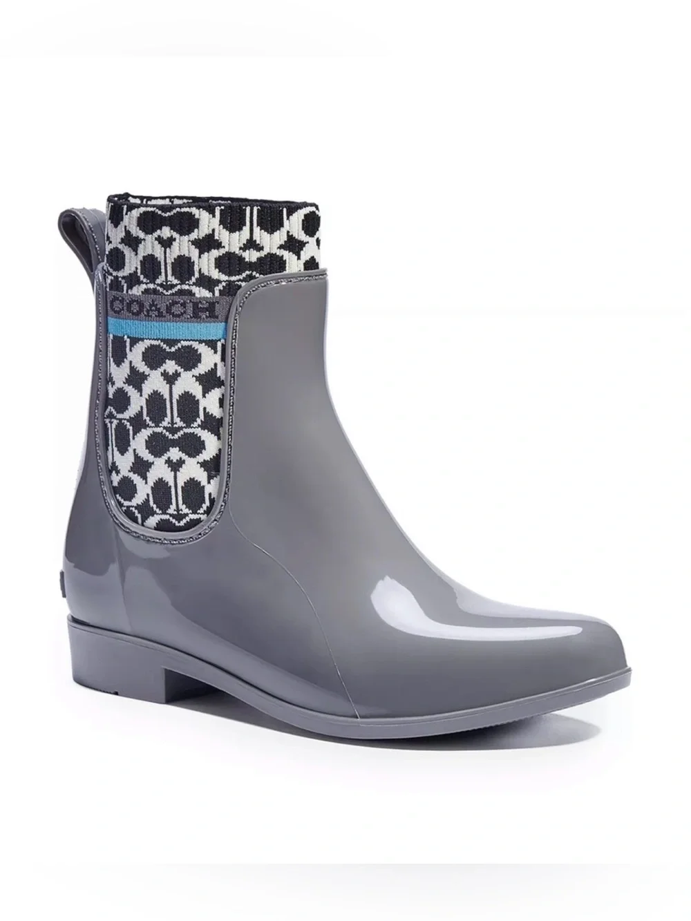 COACH Gray Glossy rivington Chelsea Rain Boot with Signature Knit Cuff